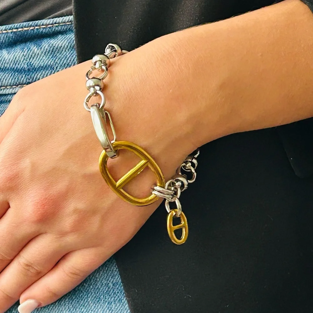Designer-Inspired Two-Tone Oval Link Bracelet - Gold & Silver Stainless Steel - Picture 6 of 6